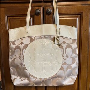 Coach Tan and Cream Signature Tote Bag